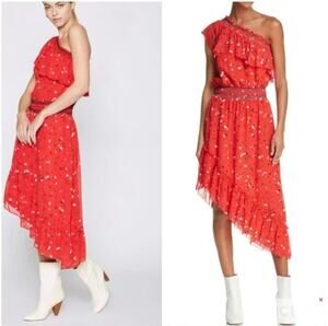 New Joie Hafsa Silk One Shoulder Midi Dress Red Floral Asymmetric Women's Size S